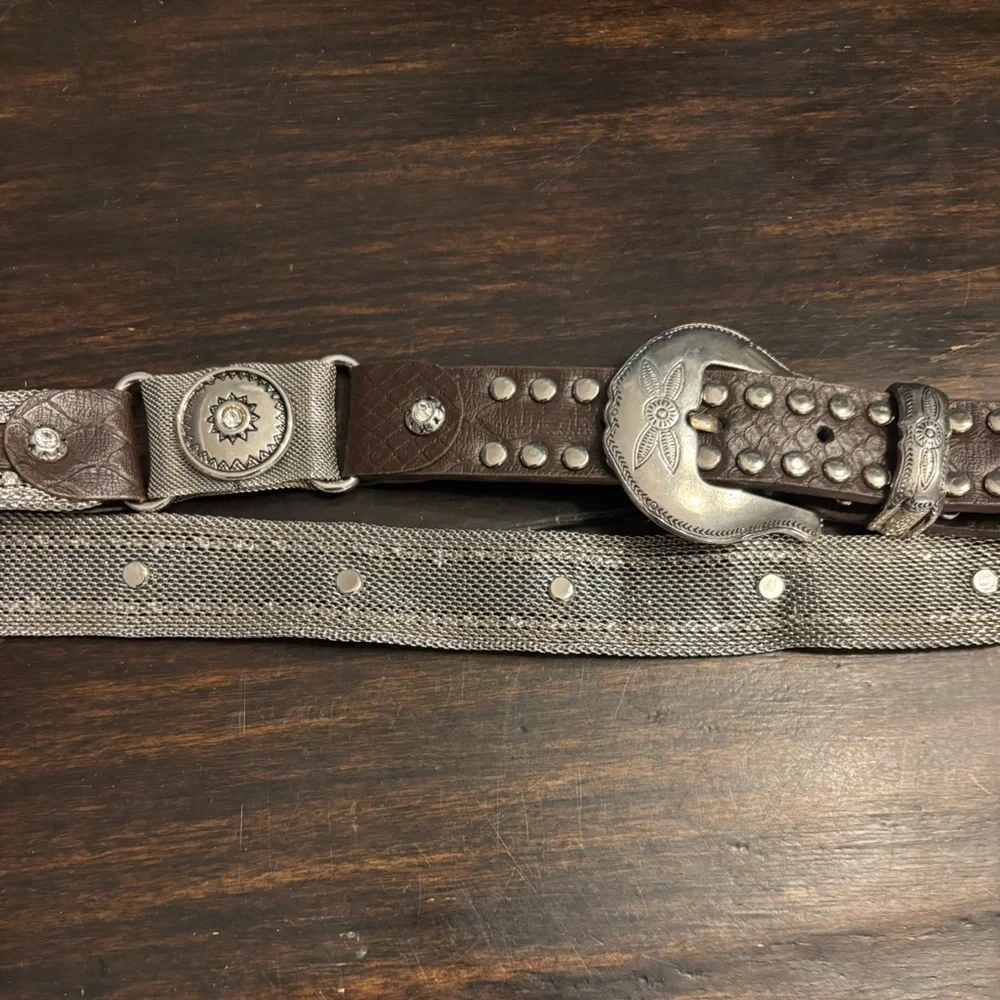 Western flair Studded Brown Leather Belt with mesh metal and crystal